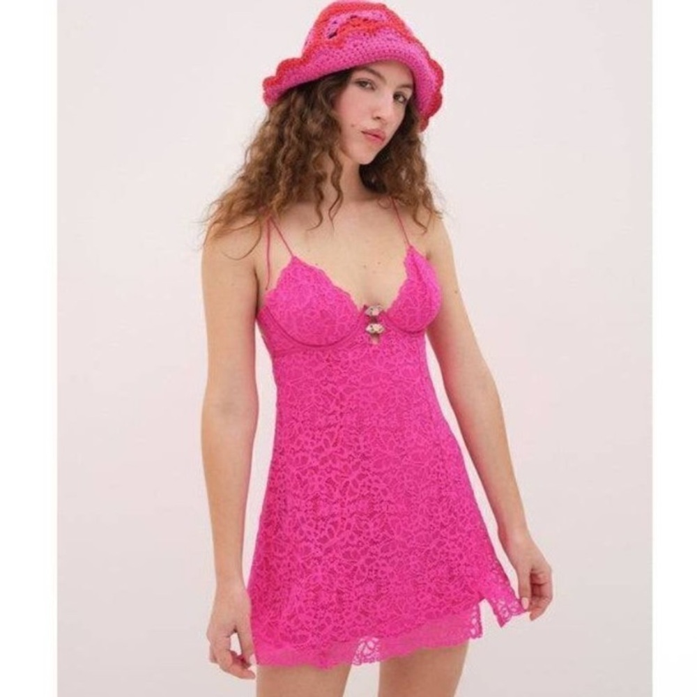 NEW! For Love & Lemons creamsicle hot / bright pink lace dress 26320